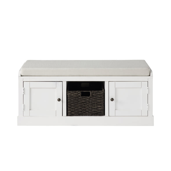 Homes Collection Wood Storage Bench with 2 Cabinets and 1 Basket