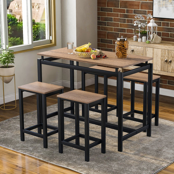 5-Piece Kitchen Counter Height Table Set, Dining Table with 4 Chairs (Dark Brown)