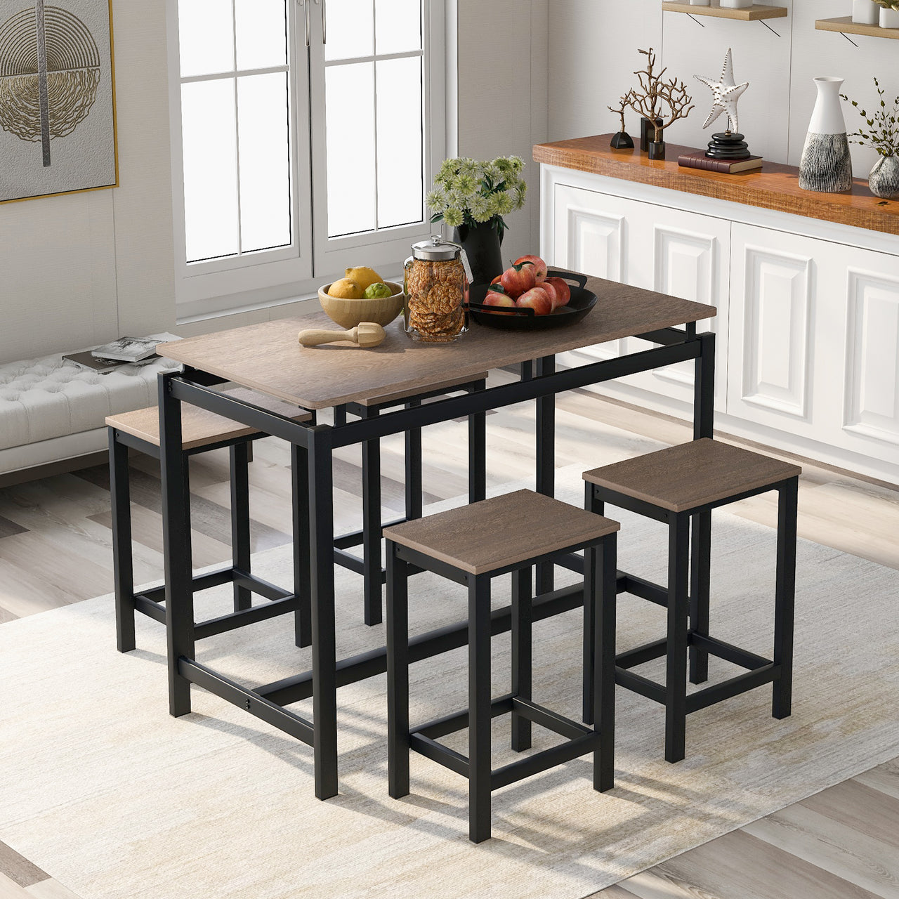 5-Piece Kitchen Counter Height Table Set, Dining Table with 4 Chairs (Dark Brown)
