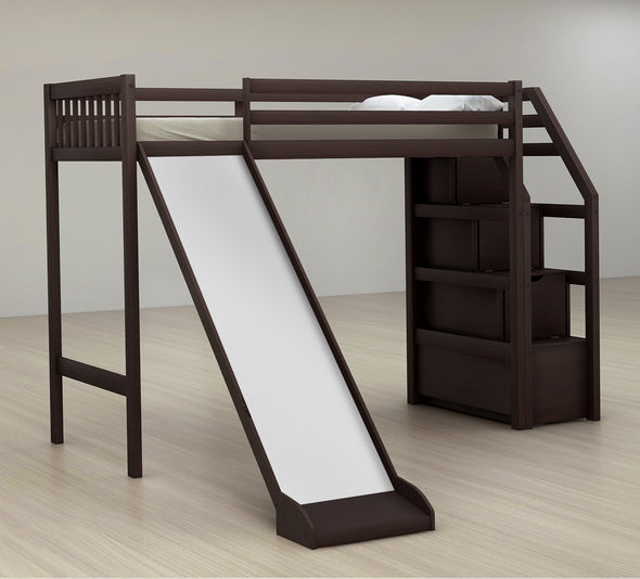 Twin size loft bed with storage and slide, espresso (New)
