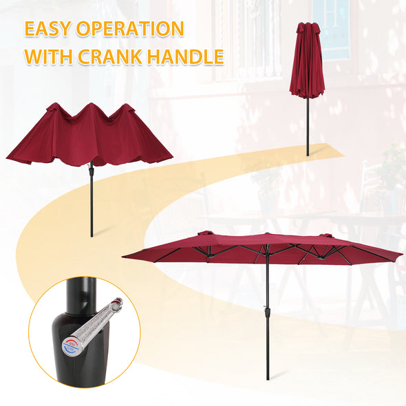 15x9ft Large Double-Sided Rectangular Outdoor Twin Patio Market Umbrella w/Crank-burgundy