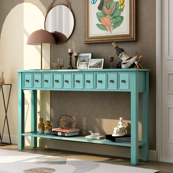 Rustic Entryway Console Table,  Long Sofa Table with two Different Size Drawers and Bottom Shelf for Storage (Blue)