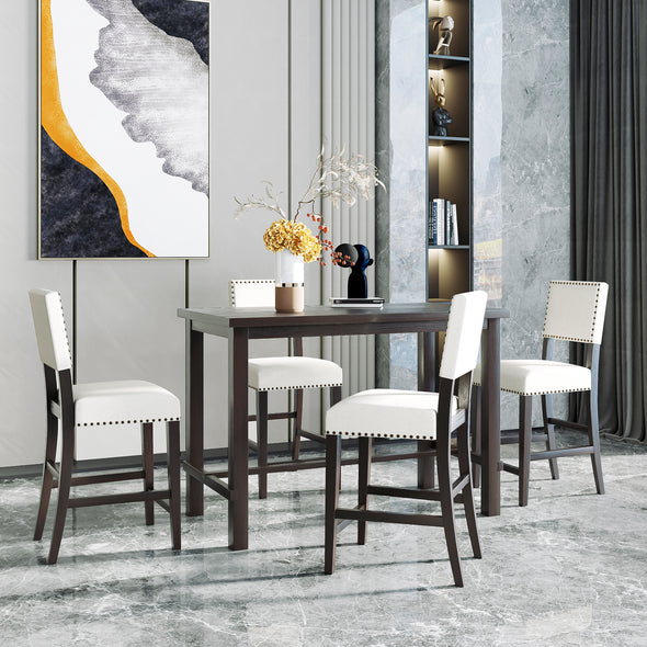 5-Piece Counter Height Dining Set, Classic Elegant Table and 4 Chairs in Black and Beige