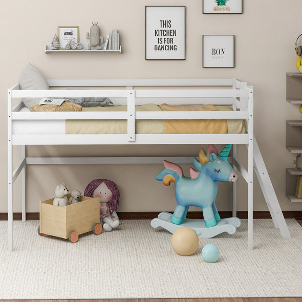 Wooden Twin Size Low Loft Bed with Ladder, White(New)