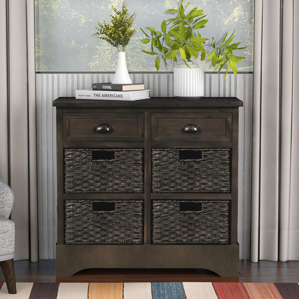 Rustic Storage Cabinet with Two Drawers and Four  Classic Rattan Basket for Dining Room/Entryway/Living Room (Brown Gray)