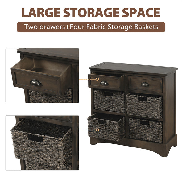 Rustic Storage Cabinet with Two Drawers and Four  Classic Rattan Basket for Dining Room/Entryway/Living Room (Brown Gray)