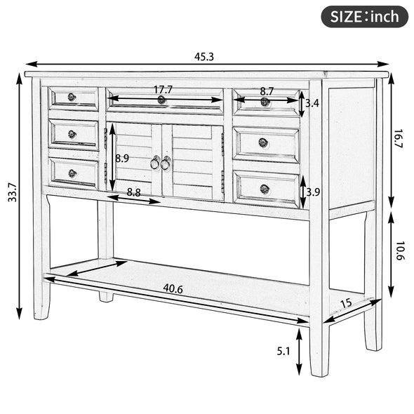 45'' Modern Console Table Sofa Table for Living Room with 7 Drawers, 1 Cabinet and 1 Shelf