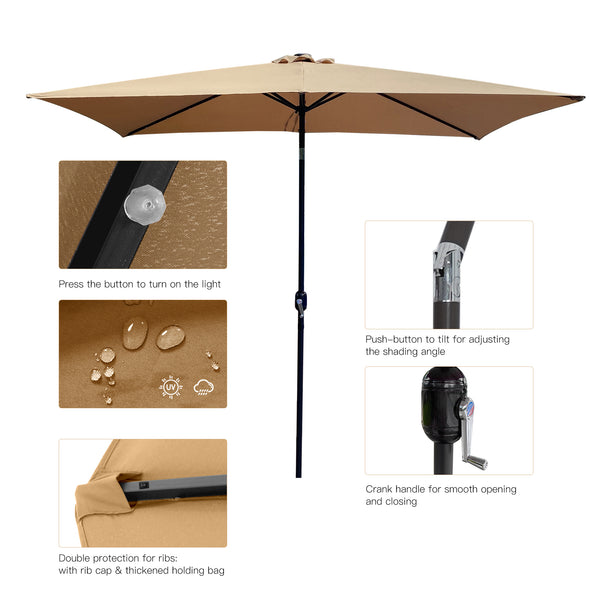 Outdoor Patio Umbrella 10 Ft x 6.5 Ft Rectangular with Crank Weather Resistant UV Protection Water Repellent Durable 6 Sturdy Ribs