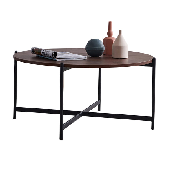 Modern Round coffee table,Black metal frame with walnut top-36&