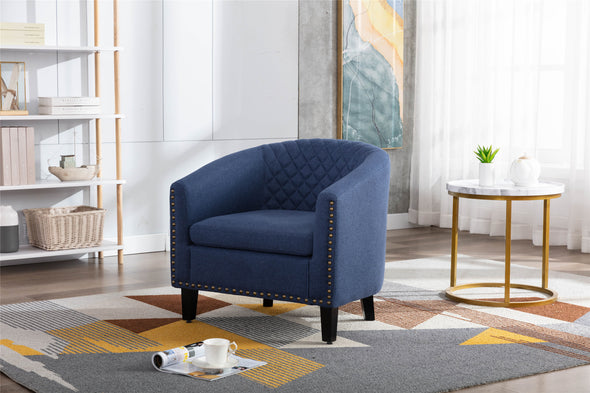 Coolmore Accent Barrel chair living room chair with nailheads and solid wood legs Black Navy Linen