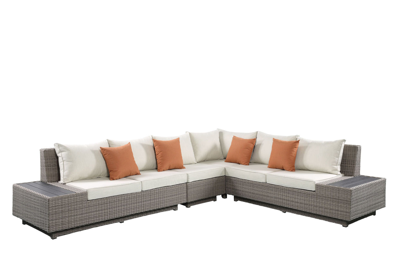 Salena Patio Sectional & Cocktail Table in Beige Fabric & Gray Wicker 45020