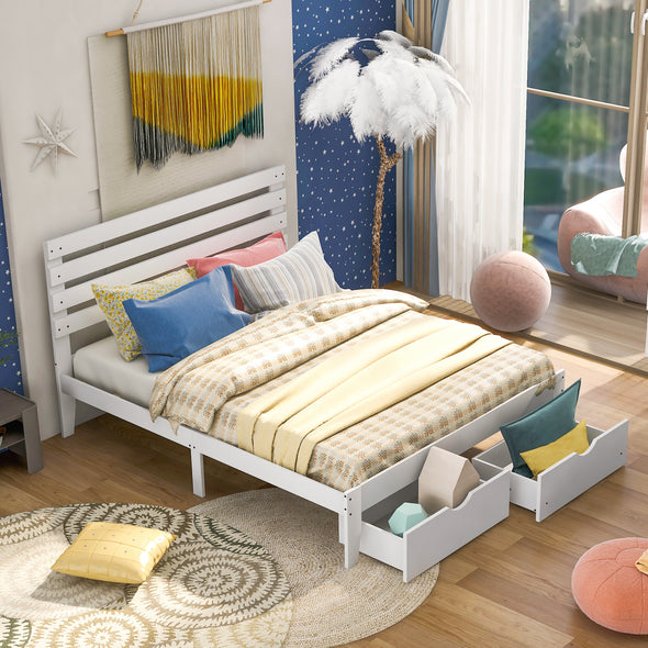 Queen Size Platform Bed with Drawers, White(New)