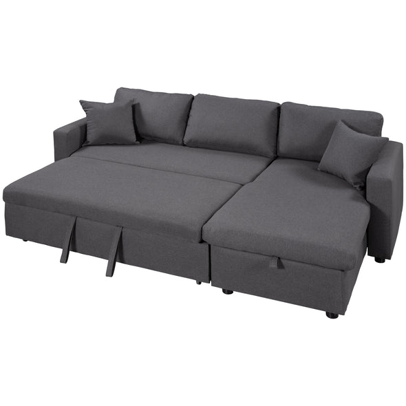 Upholstery  Sleeper Sectional Sofa Grey with Storage Space, 2 Tossing Cushions