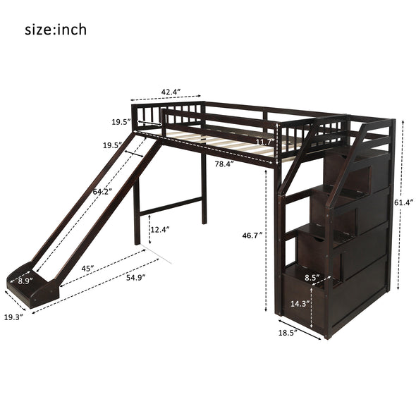 Twin size loft bed with storage and slide, espresso (New)