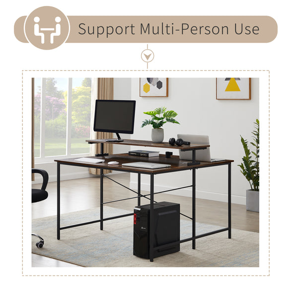 Two Person Computer Desk with Monitor Shelf /Double Workstation 47 x 47 Inch Extra Large Office Desks（Brown)