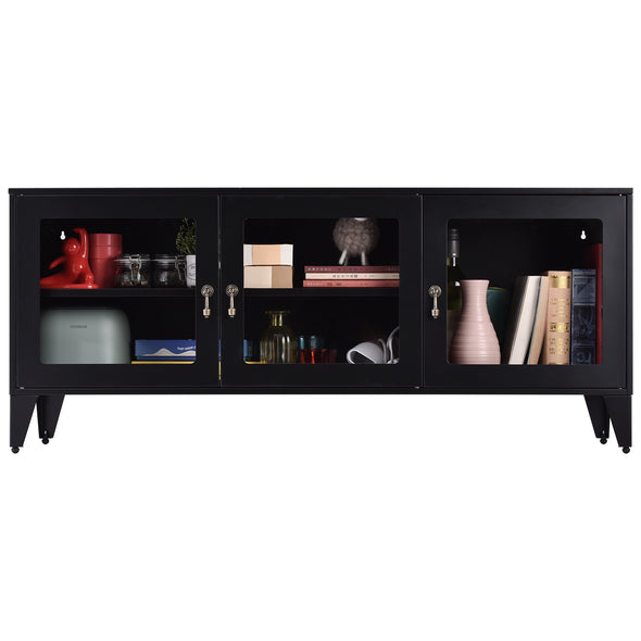 TV cabinet with large space 1 shelf  3 door metal home TV stand for living room bedroom Black  for TVs Up to 55&
