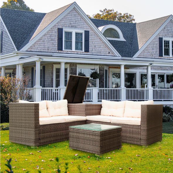 4 Piece Patio Sectional Wicker Rattan Outdoor Furniture Sofa Set with Storage Box - Creme