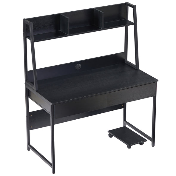 Home office Computer Desk with Hutch/ Bookshelf, Desk with Space Saving Design（Black）