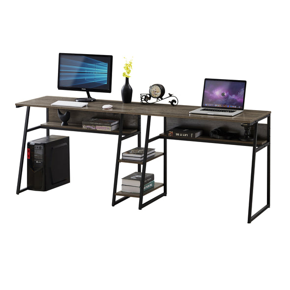 Home Office Two Person Desk with Open Bookshelf and Storage Shelf, Rustic Writing Desk Workstation ,Double Desk for Two Person(grey brown)