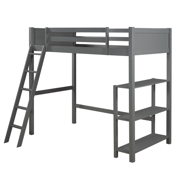 Twin size Loft Bed with Storage Shelves and Ladder-Gray