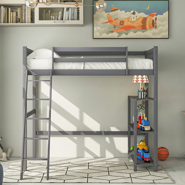Twin size Loft Bed with Storage Shelves and Ladder-Gray