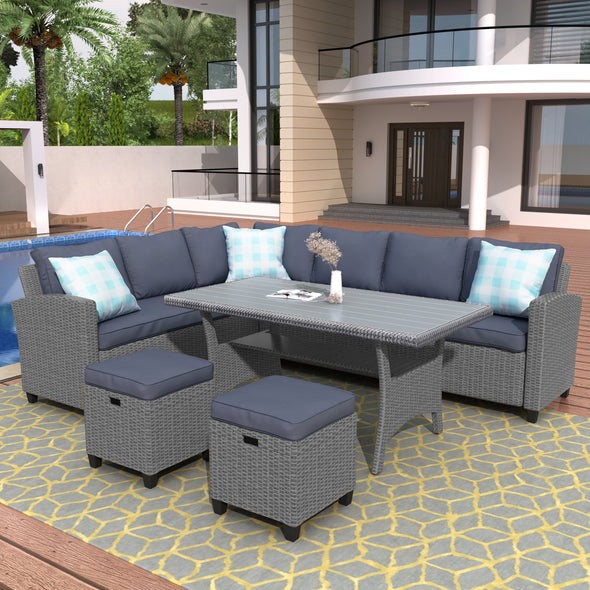 Patio Furniture Set, 5 Piece Outdoor Conversation Set All Weather Wicker Sectional Sofa Couch Dining Table Chair with Ottoman and Throw Pillows