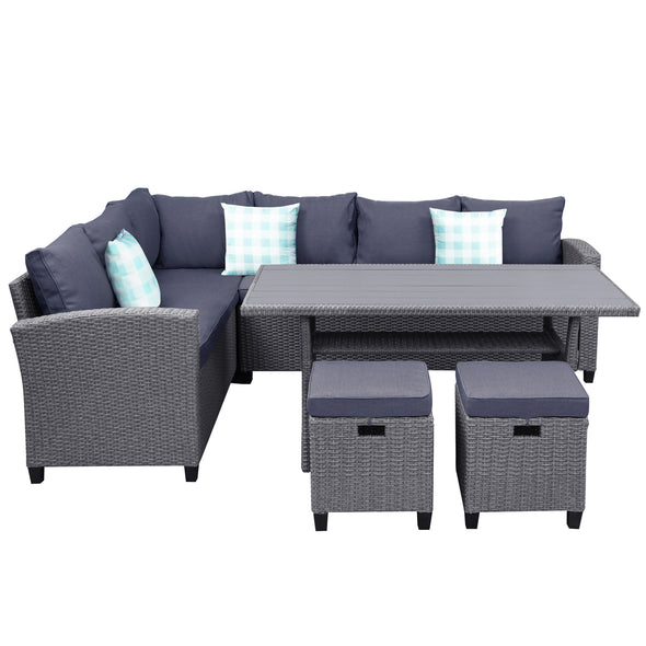 Patio Furniture Set, 5 Piece Outdoor Conversation Set All Weather Wicker Sectional Sofa Couch Dining Table Chair with Ottoman and Throw Pillows