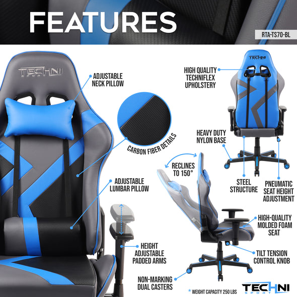 Techni Sport TS-70 Office-PC Gaming Chair, Blue