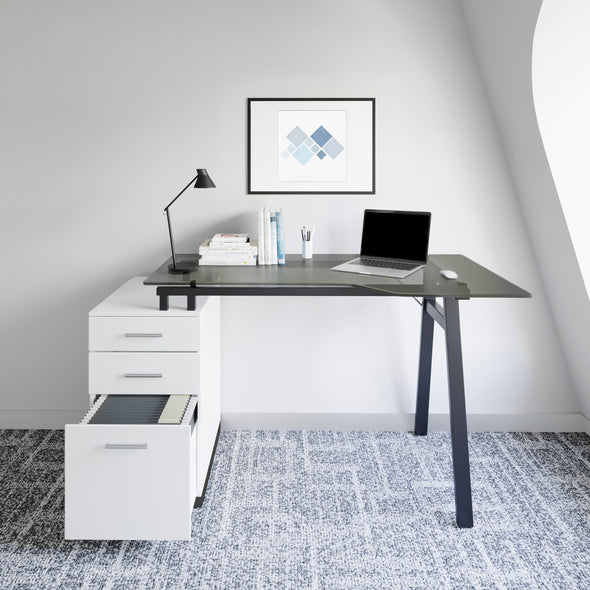 Techni Mobili Modern Home Office Computer Desk with smoke tempered glass top  storage - White