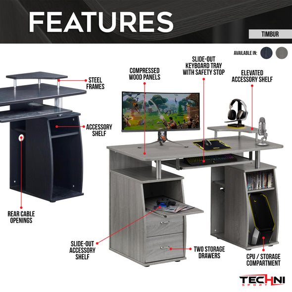 Techni Mobili Complete Computer Workstation Desk With Storage, Grey