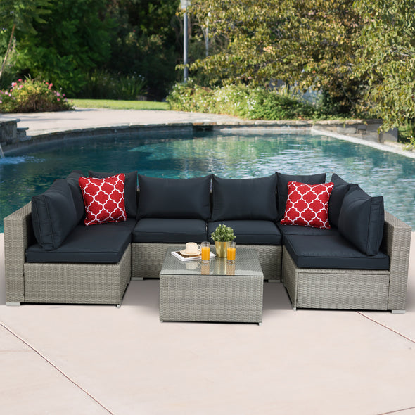 HIFINE-Outdoor Garden Patio Furniture 7-Piece PE Rattan Wicker Sectional Cushioned Sofa Sets with 2 Pillows and Coffee Table