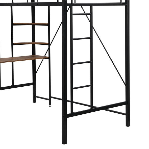Metal Twin Loft Bed with Shelves and Desk, Space-saving Design