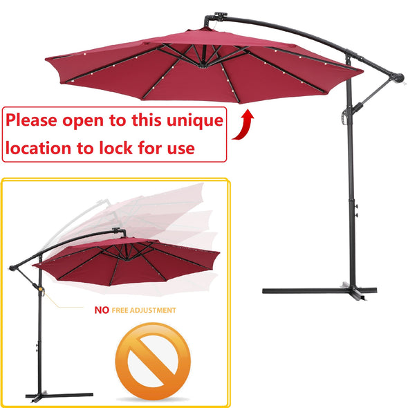 10 FT Solar LED Patio Outdoor Umbrella Hanging Cantilever Umbrella Offset Umbrella Easy Open Adustment with 24 LED Lights - Burgundy