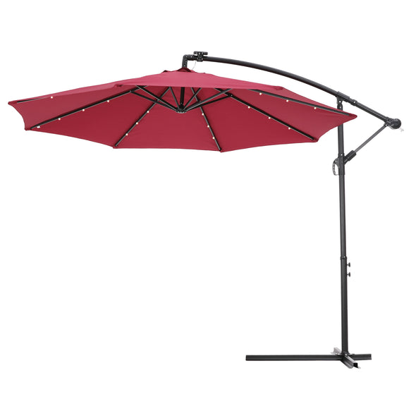 10 FT Solar LED Patio Outdoor Umbrella Hanging Cantilever Umbrella Offset Umbrella Easy Open Adustment with 24 LED Lights - Burgundy