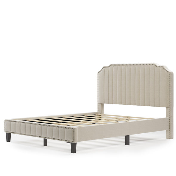 Modern Linen Curved Upholstered Platform Bed , Solid Wood Frame , Nailhead Trim (Queen)