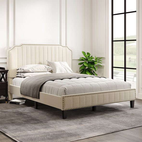 Modern Linen Curved Upholstered Platform Bed , Solid Wood Frame , Nailhead Trim (Queen)