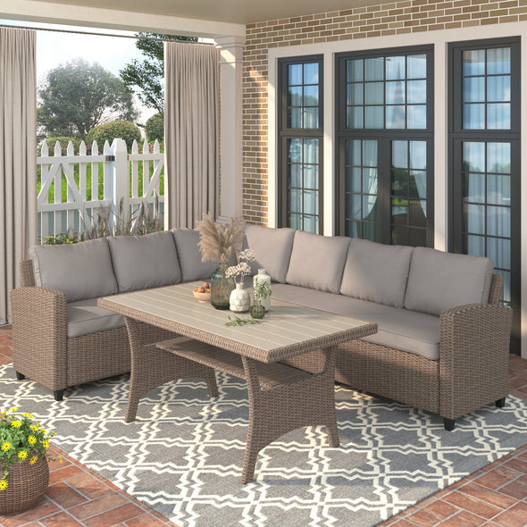 TOPAMX Patio Outdoor Furniture PE Rattan Wicker Conversation Set All-Weather Sectional Sofa Set with Table & Soft Cushions (Brown)