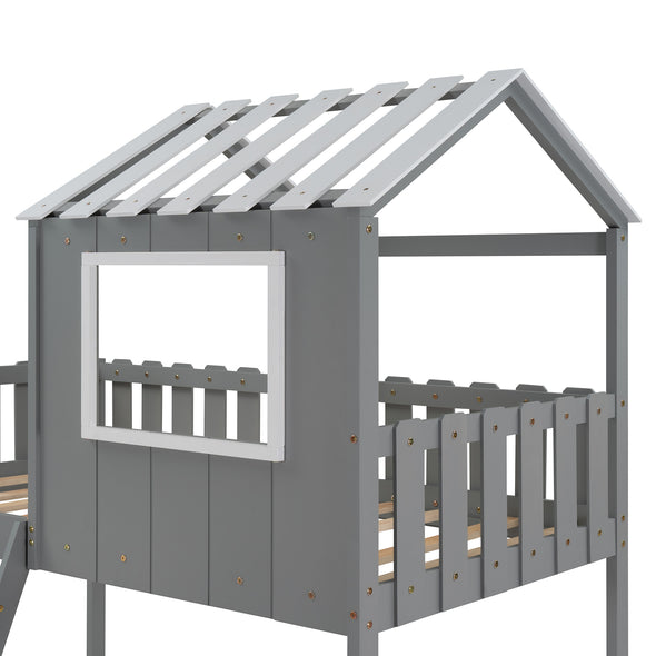 Bunk House Bed with Rustic Fence-Shaped Guardrail, Gray