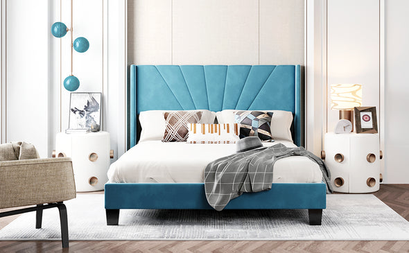 Queen Size Velvet Upholstered Platform Bed, Box Spring Needed - Blue
