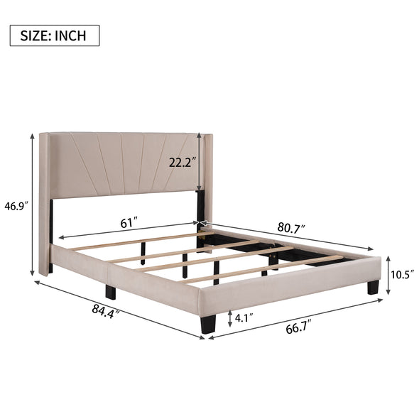 Queen Size Velvet Upholstered Platform Bed, Box Spring Needed - Beige