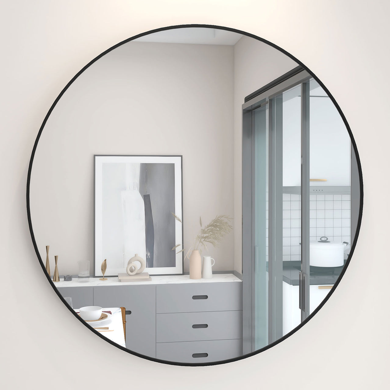 32& Wall Circle Mirror Large Round Black Farmhouse Circular Mirror for Wall Decor Big Bathroom Make Up Vanity Mirror Entryway Mirror