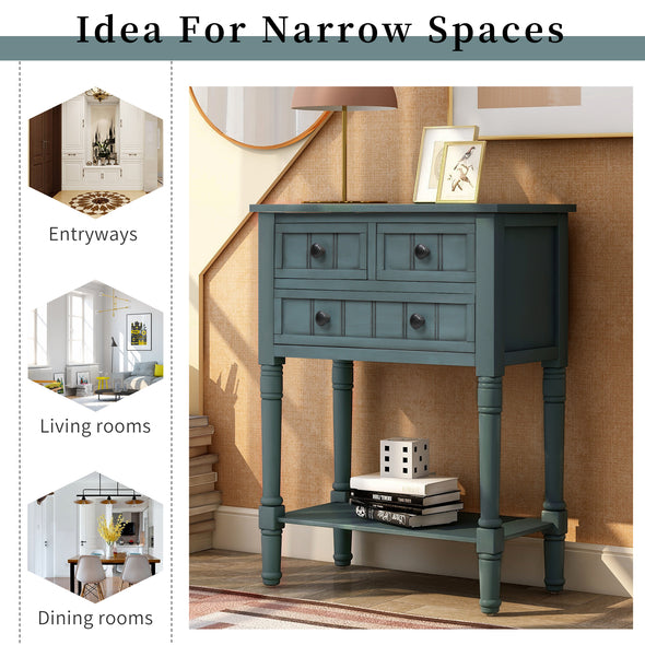 Narrow Console Table, Slim Sofa Table with Three Storage Drawers and Bottom Shelf for Living Room, Easy Assembly (Navy)
