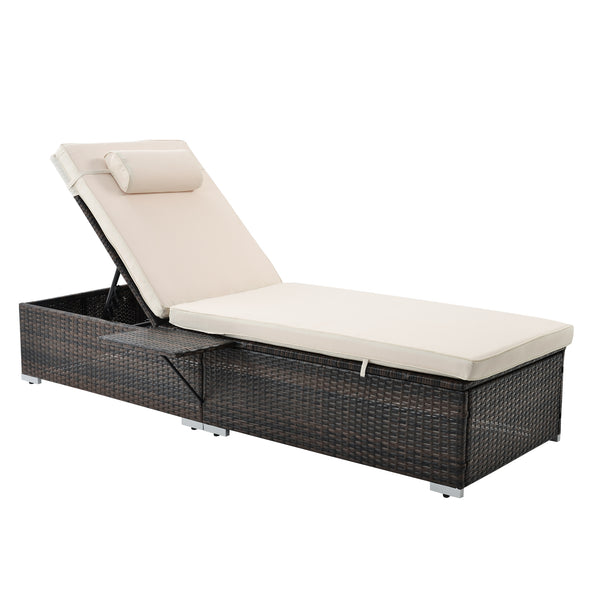 Outdoor PE Wicker Chaise Lounge - 2 Piece Patio Brown Rattan Reclining Chair Furniture Set Beach Pool Adjustable Backrest Recliners with Side Table and Comfort Head Pillow （Same as W213S00037）