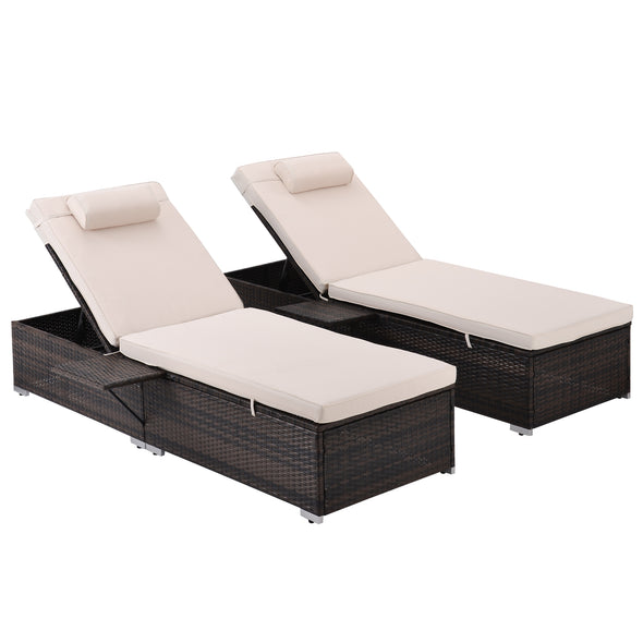 Outdoor PE Wicker Chaise Lounge - 2 Piece Patio Brown Rattan Reclining Chair Furniture Set Beach Pool Adjustable Backrest Recliners with Side Table and Comfort Head Pillow （Same as W213S00037）