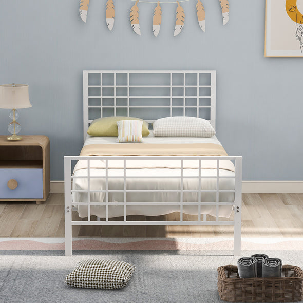 White Metal Bed Frame Twin Size with Headboard and Footboard Single Platform Mattress Base,Metal Tube and Iron-Art Bed, Twin