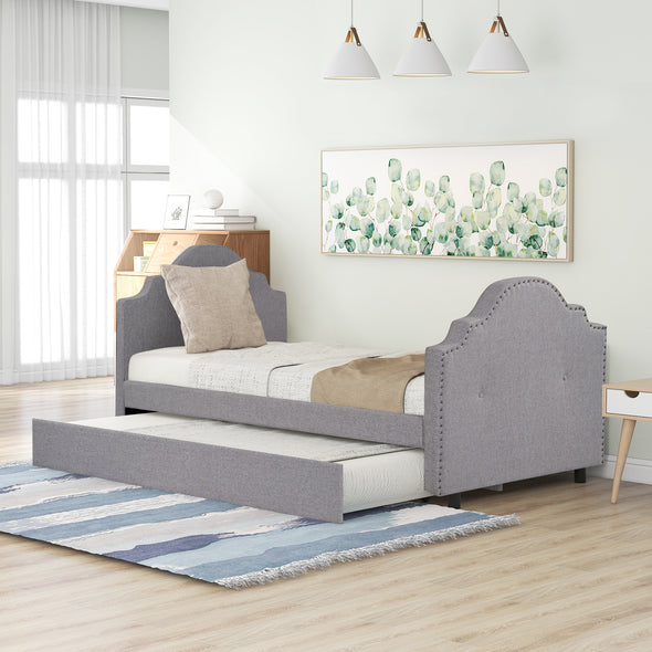 Upholstered Daybed with Trundle, No Box Spring Need, Twin sizeGray