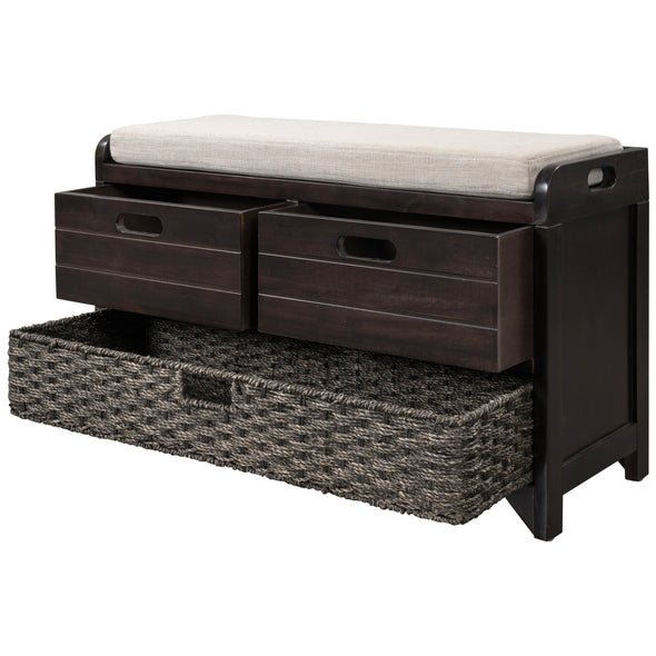 Storage Bench with Removable Basket and 2 Drawers, Fully Assembled Shoe Bench with Removable Cushion (Espresso)