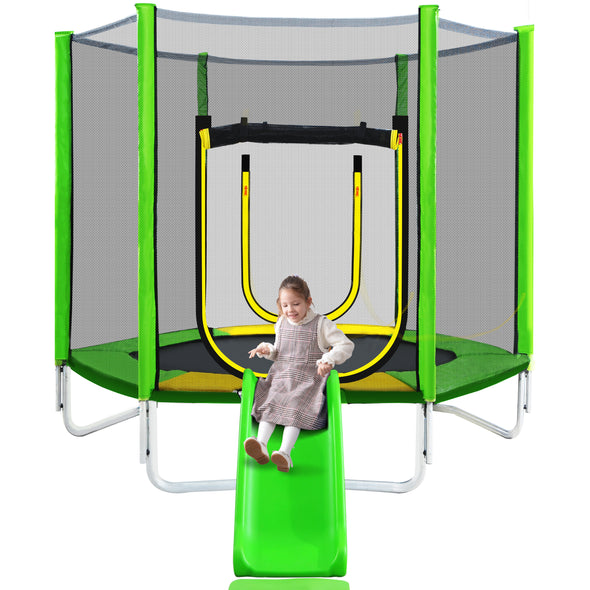 7FT Trampoline for Kids, Slide and Ladder, Easy Assembly Round Recreational Trampoline