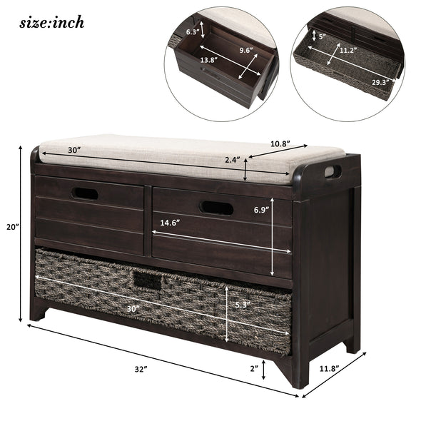 Storage Bench with Removable Basket and 2 Drawers, Fully Assembled Shoe Bench with Removable Cushion (Espresso)