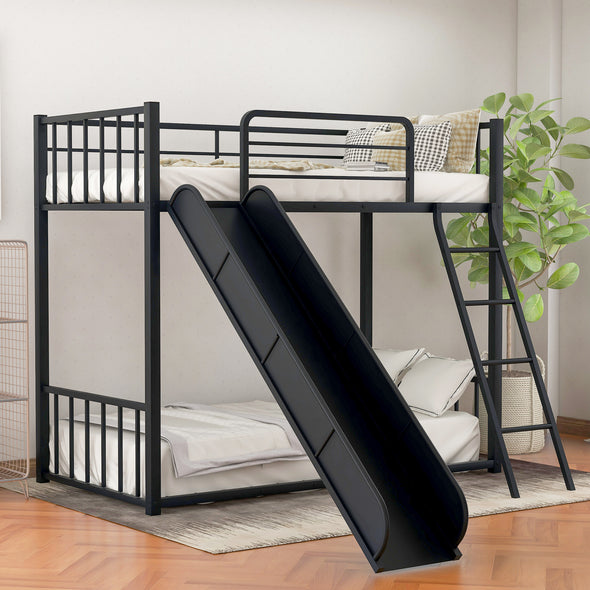 Metal bunk bed with slide, twin over twin, black